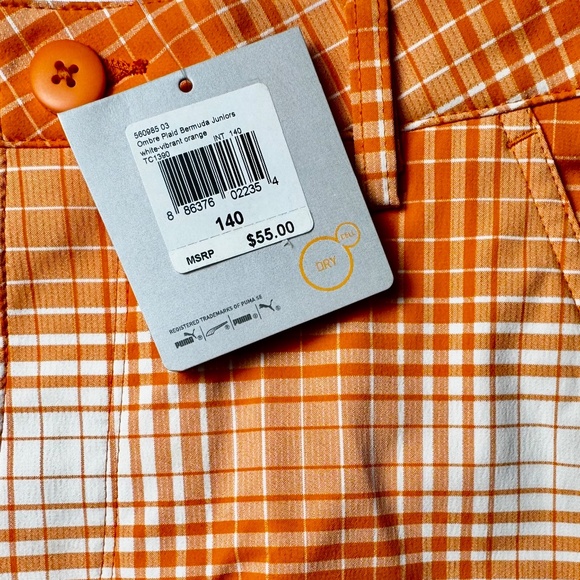NWT Puma Boys Dry Cell Bermuda Golf Shorts Vibrant Orange & White Plaid Size M - Picture 6 of 8